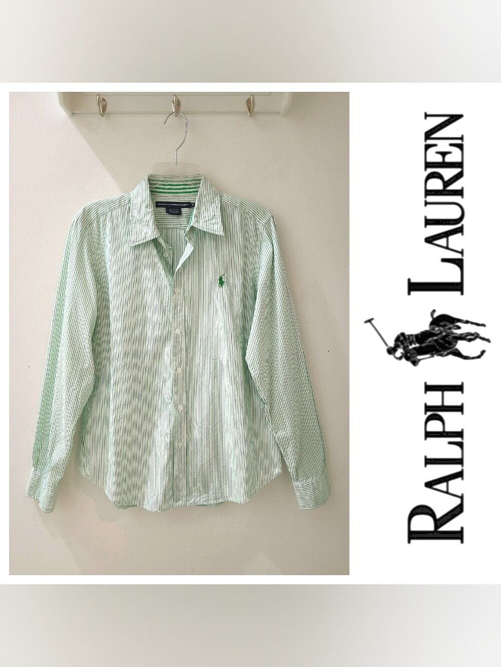 Ralph Lauren Sport Striped Button Down Shirt Green/White Size 14